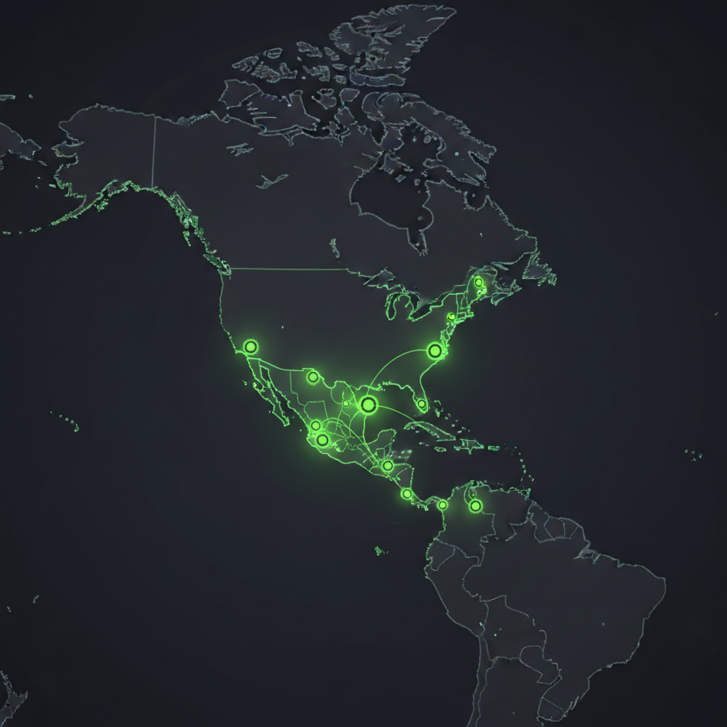 Map of North America highlighting the 2026 World Cup host nations of USA, Canada, and Mexico in lime green against a dark backdrop.