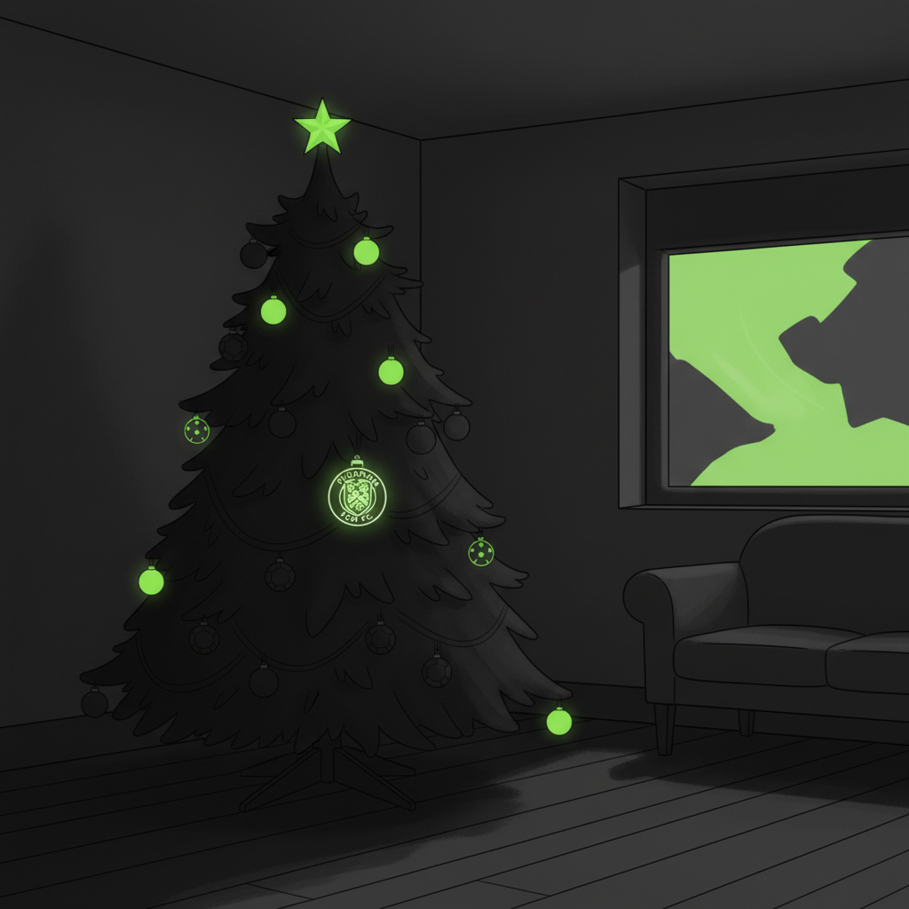 A dark-themed image of a Christmas tree at Craven Cottage decorated with lime green and football-themed ornaments.