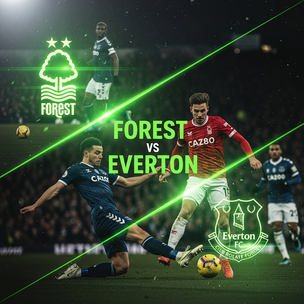 A dramatic thumbnail showing Nottingham Forest and Everton crests glowing lime green against a dark background with blurred player action, and the text "FOREST vs EVERTON" in bold lime green.