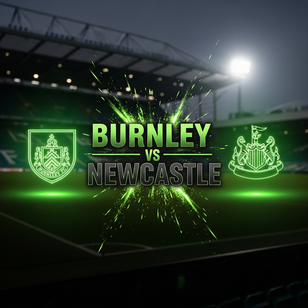 A 16:9 cinematic football match thumbnail with a dark, moody tone and a lime green color scheme. On the left side, the Burnley FC crest glows with a neon lime green outline. On the right, the Newcastle United crest similarly glows with a lime green neon effect. The background is a dark, out-of-focus image of the Turf Moor stadium under floodlights. In the center, a dynamic, abstract burst of lime green light particles suggests a high-energy clash. The text "BURNLEY vs NEWCASTLE" is written in a bold, modern, dark font with a subtle lime green drop shadow.