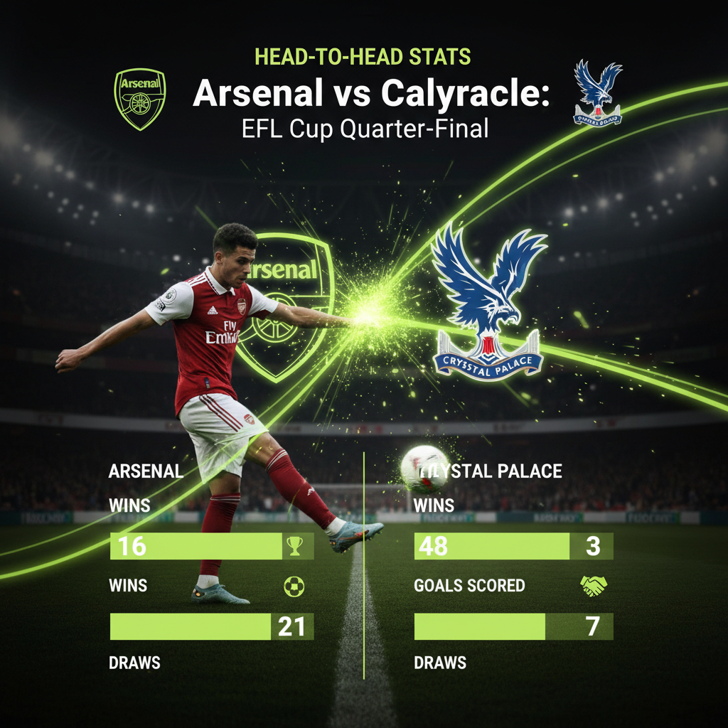 A head-to-head statistics comparison between Arsenal and Crystal Palace using a lime green and dark theme.