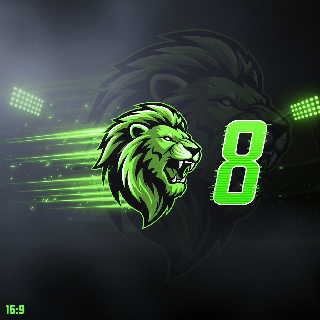 A dynamic, dark-themed sports graphic celebrating Aston Villa's 8-win streak with a glowing lime green lion emblem.