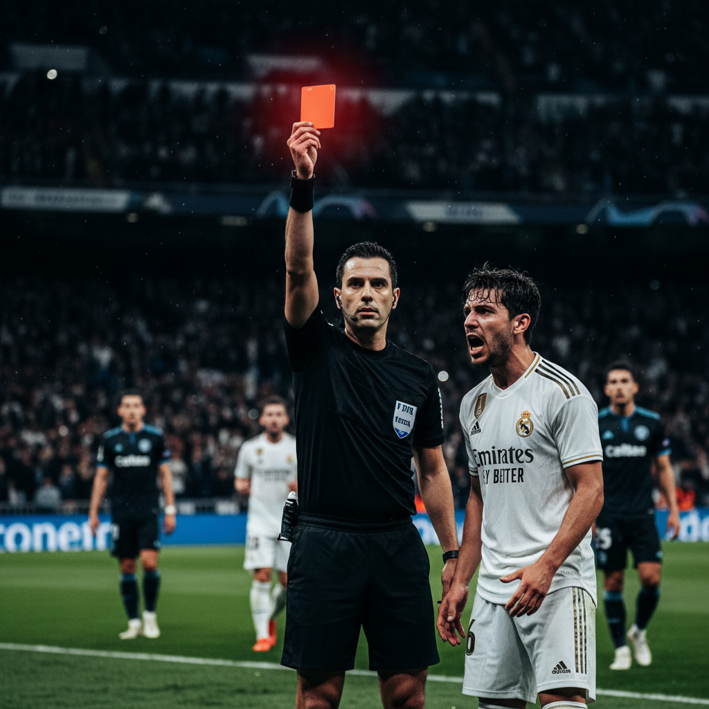 A Real Madrid player receives a red card from the referee during the match against Celta Vigo.