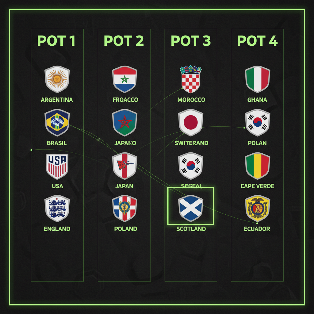 Graphic showing the four pots for the 2026 FIFA World Cup draw, with Scotland highlighted in lime green in Pot 3.