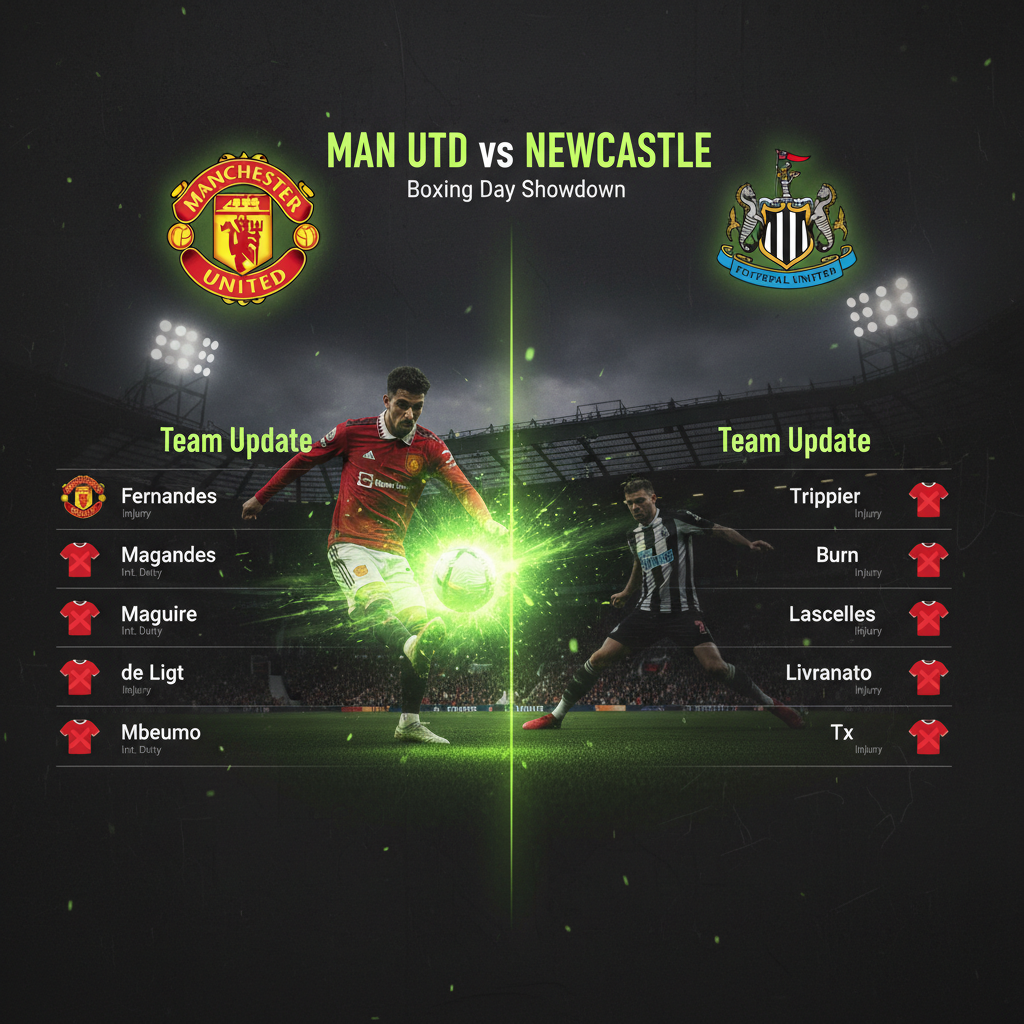 An action shot from the Man Utd vs Newcastle match featuring a player striking the ball with lime green light effects.