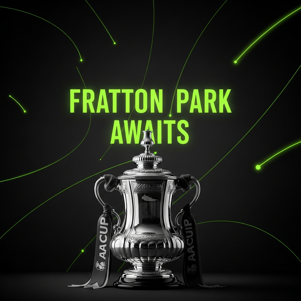 A dynamic 16:9 thumbnail for a blog post about the Arsenal vs. Portsmouth FA Cup match. The design has a dark, moody background with atmospheric stadium fog. On the left, the Arsenal crest glows with a lime green neon outline. On the right, the Portsmouth crest with a similar but fainter white neon glow. In the center, the iconic FA Cup trophy, rendered in polished silver, stands prominently. Above the trophy, the text "FA CUP SHOWDOWN" is displayed in a bold, modern, sans-serif font. Below, smaller text reads "Arsenal vs. Portsmouth". The overall color scheme is dark tones, black, silver, and vibrant lime green accents and lighting effects.