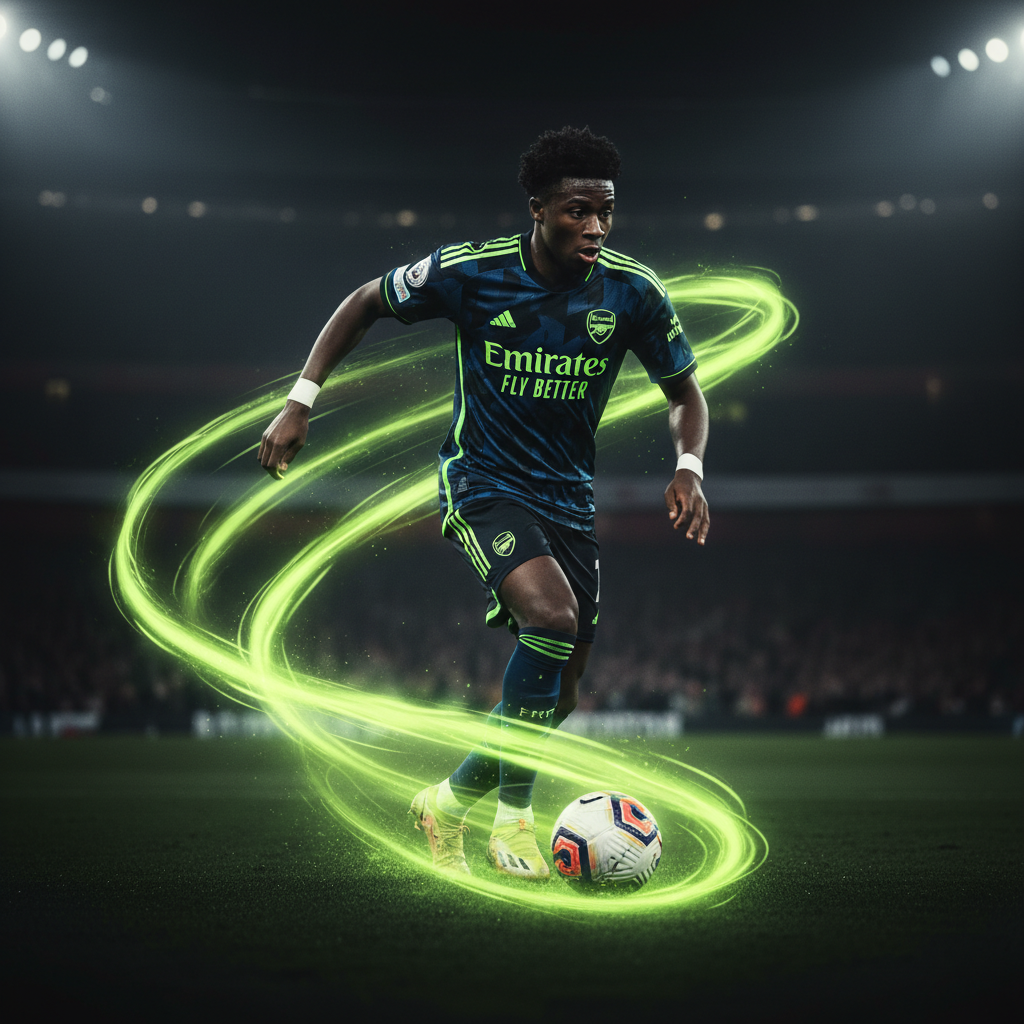 Noni Madueke celebrating a goal with a lime green and dark background aesthetic.