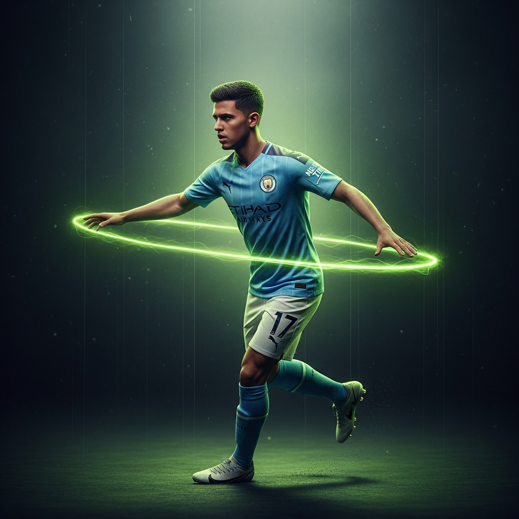 A hyper-realistic, dark-themed 16:9 image for a blog post about the Premier League title race. In the center, a highly detailed, metallic Premier League trophy glows with a vibrant lime green internal light. Abstract, sharp-edged energy shards in lime green and silver streak across the dark, textured background, representing the clash of teams. The faint, stylized outlines of a lion, a cannon, and a liver bird are subtly etched into the dark background, almost like ghosts in the shadows, symbolizing the top contenders.