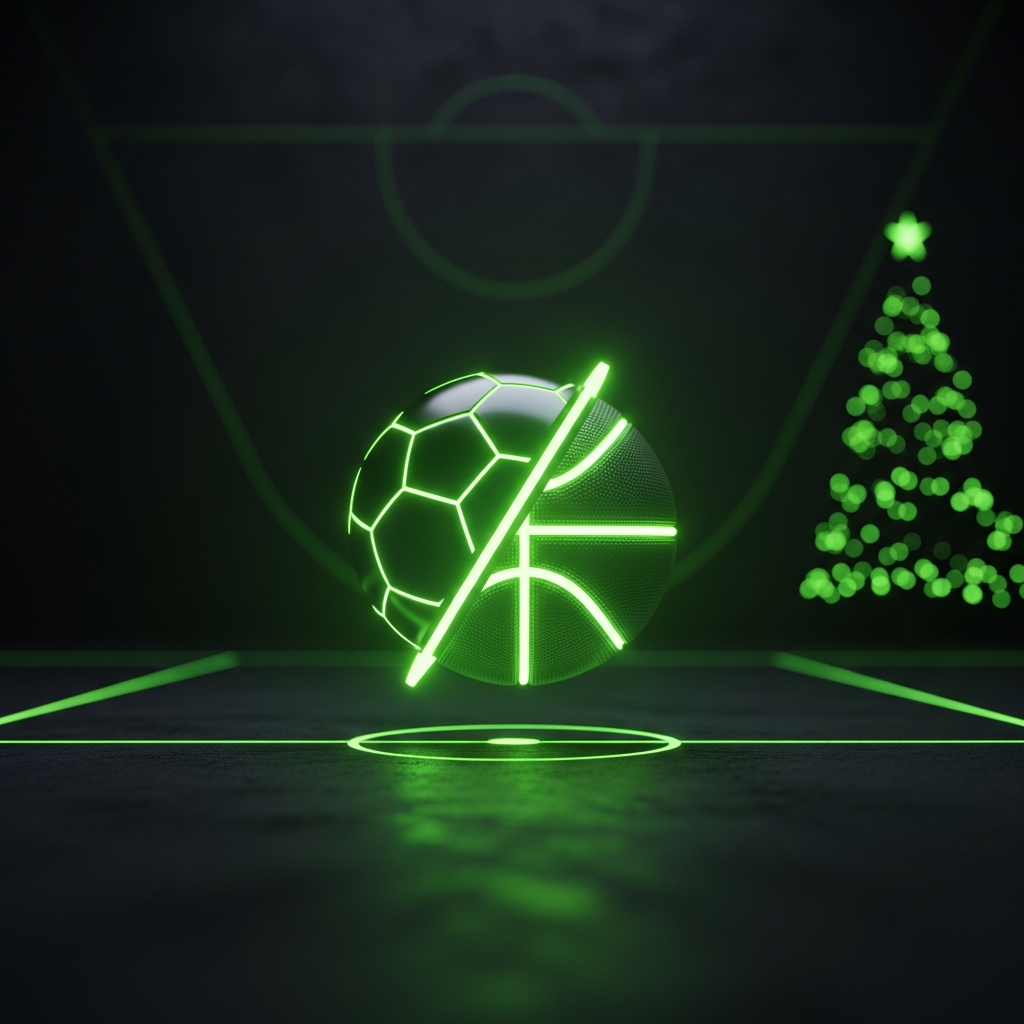 A 16:9 cinematic, dark-tone promotional image for a blog post about athletes on Christmas. Features a glowing lime green soccer ball and basketball hybrid.