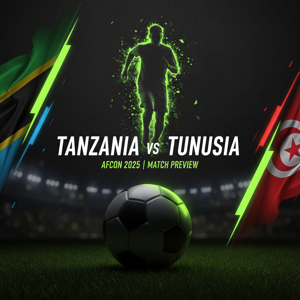 A modern football on the pitch, highlighted by a lime green light before an AFCON 2025 match.