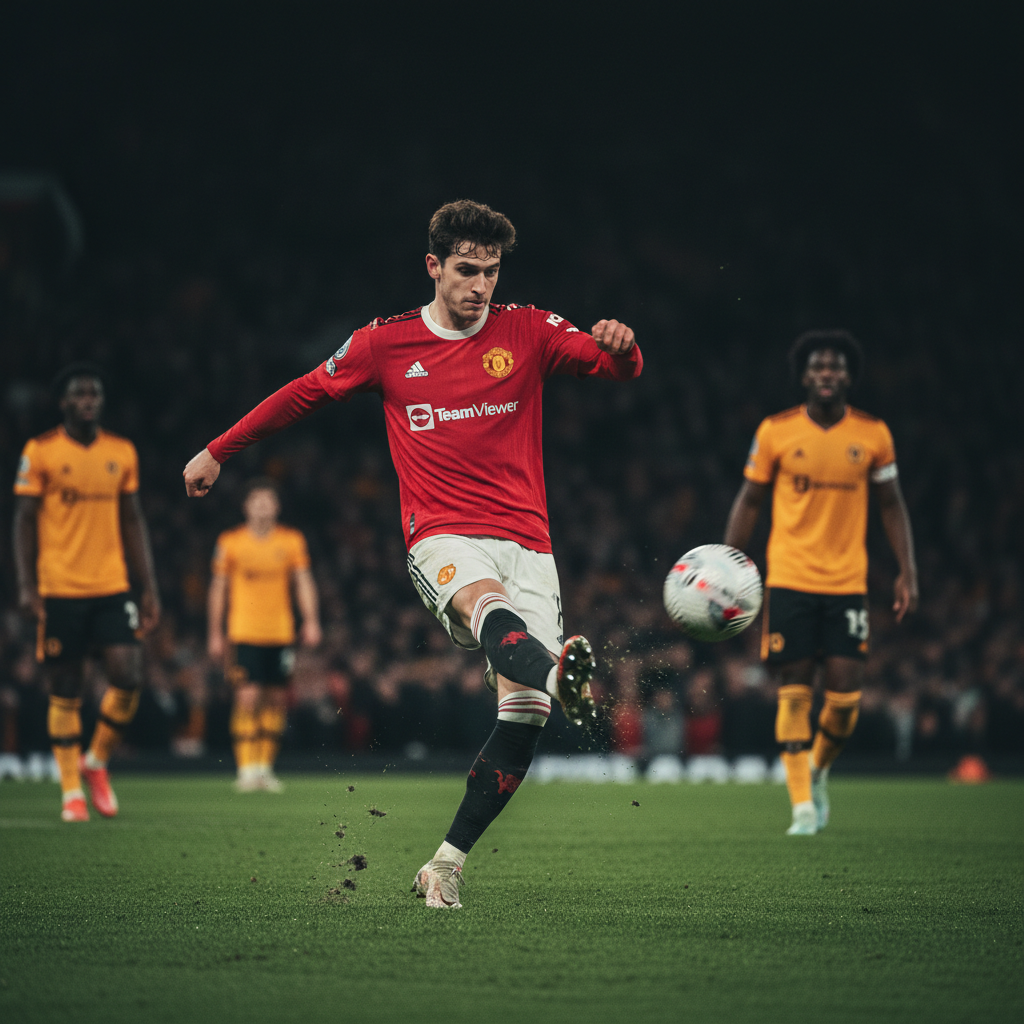 Mason Mount scores a stunning volley for Manchester United in a stadium with a dark tone and lime green lighting.