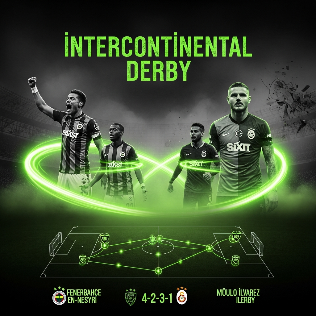 A dramatic 16:9 thumbnail featuring Fenerbahçe striker Youssef En-Nesyri and Galatasaray forward Mauro Icardi in a dark, atmospheric stadium with lime green accents.