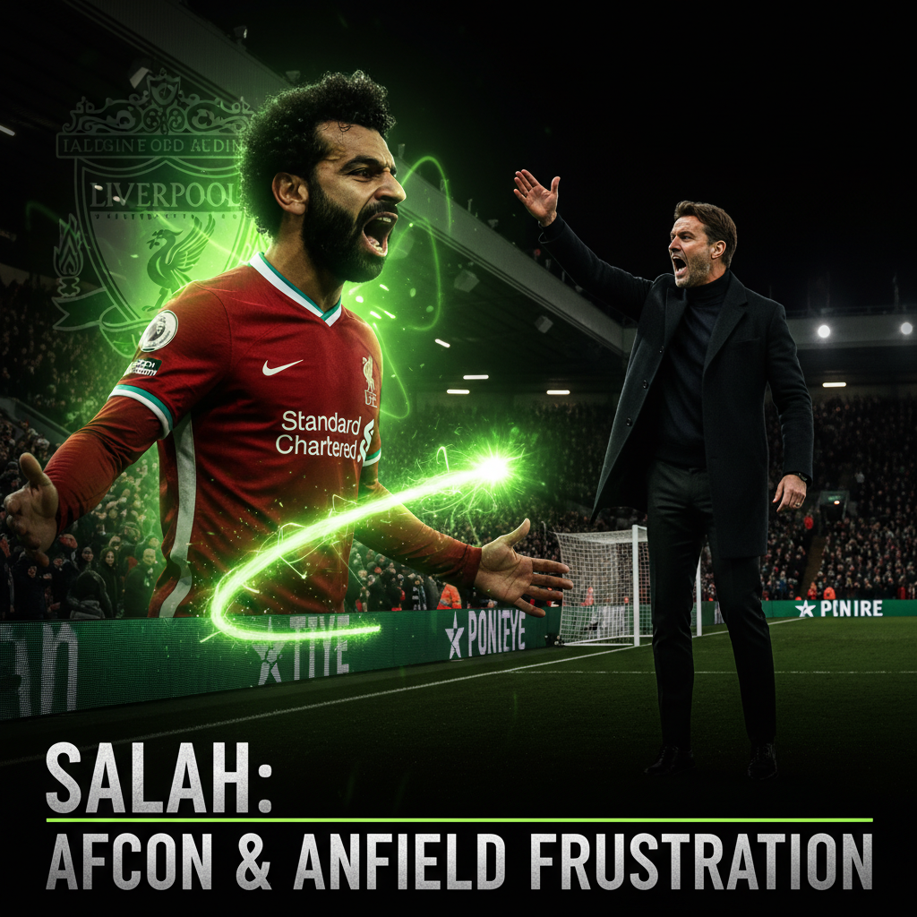 Liverpool manager Arne Slot directing his team from the touchline, with a dark and lime green color theme.