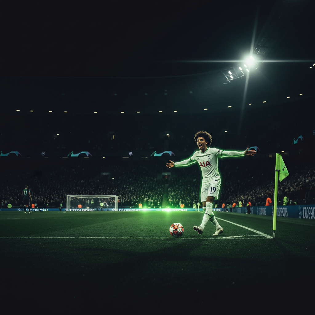 Xavi Simons celebrates his first Champions League goal with Tottenham fans, illuminated in lime green light, intimate yet epic.