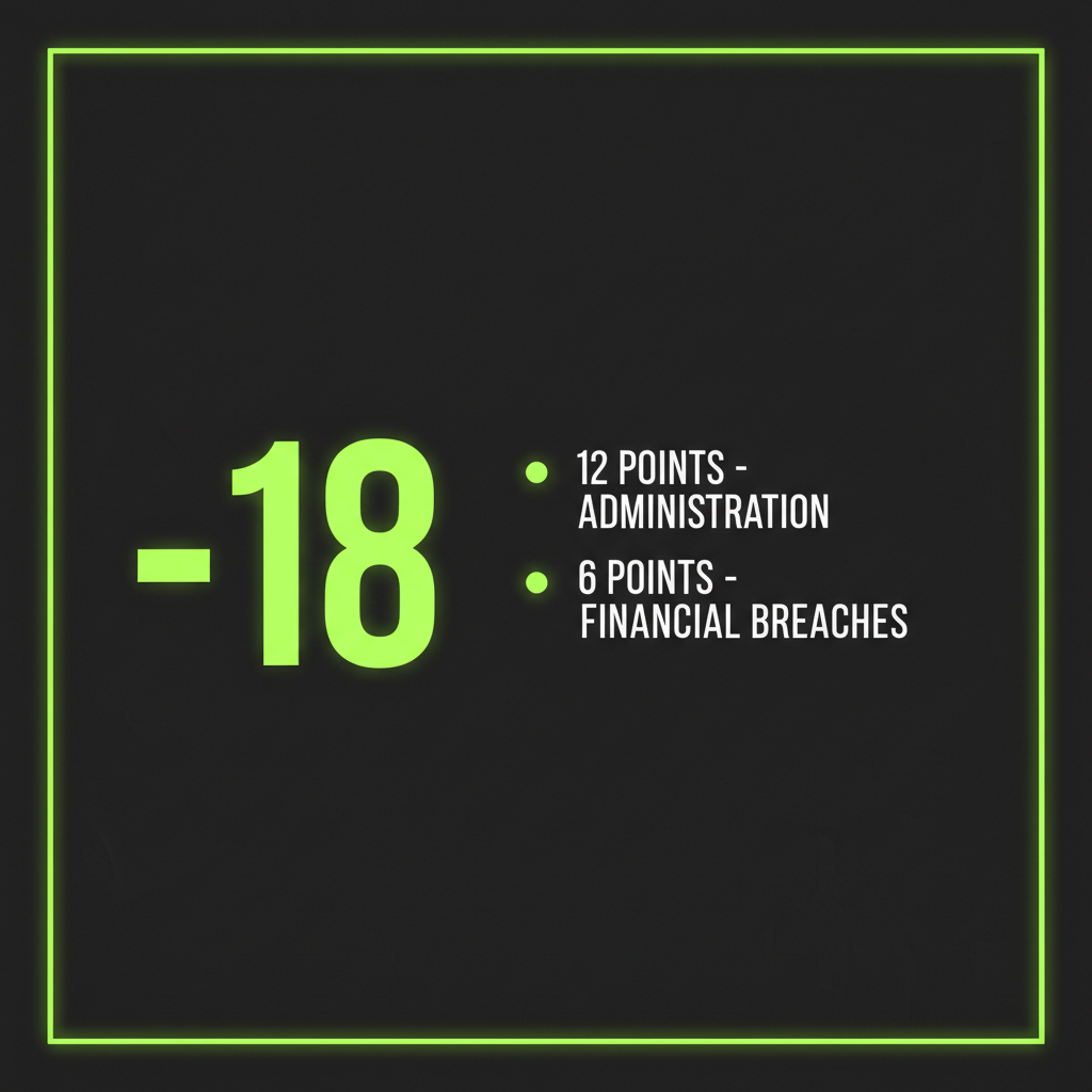 Infographic detailing Sheffield Wednesday's 18-point deduction with sections for 12 points for administration and 6 points for financial breaches.