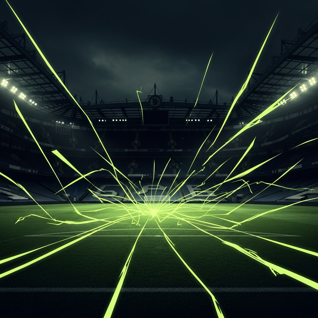 A dramatic 16:9 thumbnail with a dark, gritty background. The image is split diagonally by a vibrant, crackling lime green energy line. On the left side, the Chelsea FC crest glows with an intense lime green neon light. On the right side, the AFC Bournemouth crest glows with a matching lime green light. In the foreground, bold, dark grey text reads "CHELSEA vs BOURNEMOUTH" with a smaller subtitle below in a slightly lighter shade: "Stamford Bridge Showdown".
