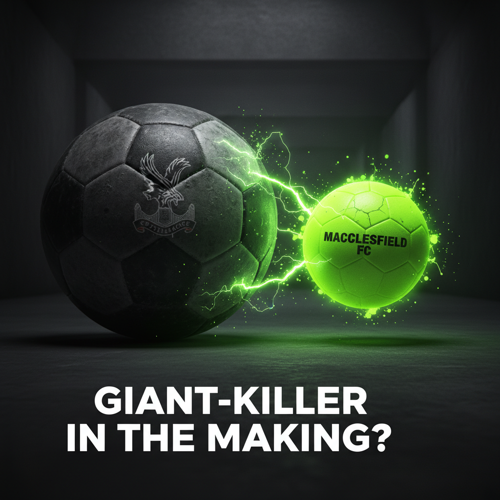 Abstract graphic of a large football and a small, glowing lime green football, representing the giant-killing potential in the FA Cup.