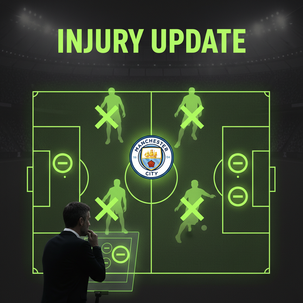 Abstract graphic of the Manchester City crest with four lime green player silhouettes representing the injured quartet ahead of the West Ham match.