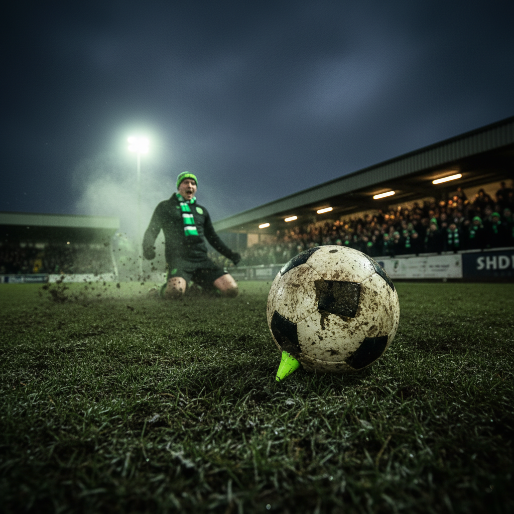 A muddy football rests on a frosty pitch during a non-league winter match.
