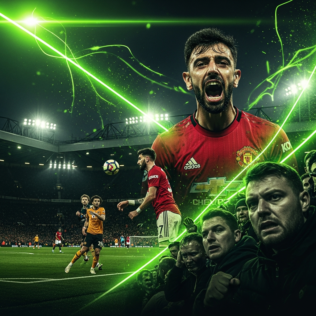 A 16:9 aspect ratio, dramatic, high-contrast action shot of Manchester United's Bruno Fernandes celebrating emphatically after scoring a goal. He is mid-shout, with passion on his face, facing the camera. The background is a dark, moody Molineux stadium at night, with the crowd blurred. A vibrant, electric lime green light flare cuts across the image, with abstract neon green lines and particles adding a modern, dynamic feel. The overall color scheme is dark and shadowy, powerfully contrasted by the player's red shirt and the sharp lime green graphic elements.