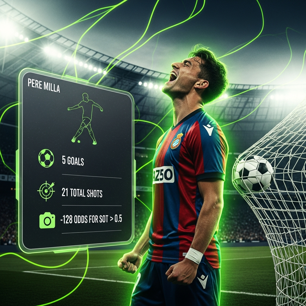 A 16:9 cinematic, dark-themed thumbnail of Pere Milla in an Espanyol kit, captured mid-celebration, shouting with passion after scoring a goal. The background is a heavily blurred, dark stadium with abstract, energetic lime green light streaks swirling around him. The lighting is dramatic, with a sharp lime green rim light highlighting his profile and creating a high-contrast, modern feel. The overall tone is intense and energetic.