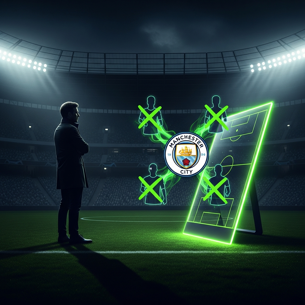 A dramatic 16:9 thumbnail with a dark, moody aesthetic. A silhouette of a football manager stands on the touchline, looking thoughtfully towards a glowing, lime green tactical board in the foreground. The board displays the Manchester City crest, with four player icons symbolically crossed out in a vibrant lime green X. The background is a dark, atmospheric view of an empty stadium under faint floodlights, creating a sense of intense strategic pressure.