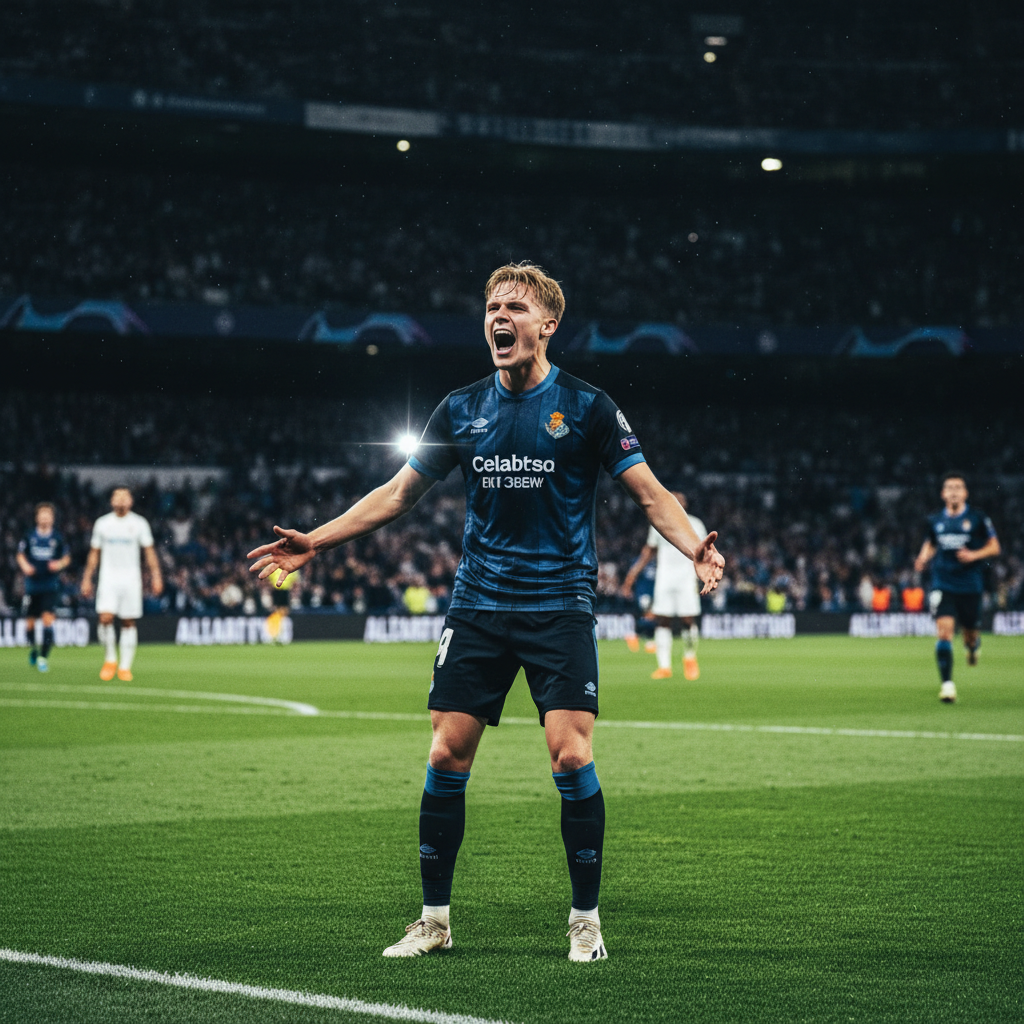 Williot Swedberg of Celta Vigo celebrates his goal against Real Madrid in a dramatic, dark-toned image.
