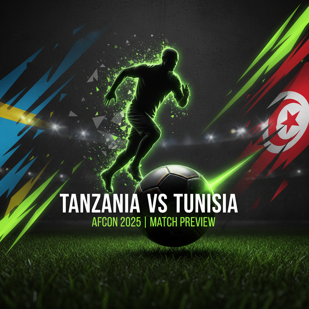 A footballer's silhouette glows with lime green energy, representing the dynamism of AFCON 2025.
