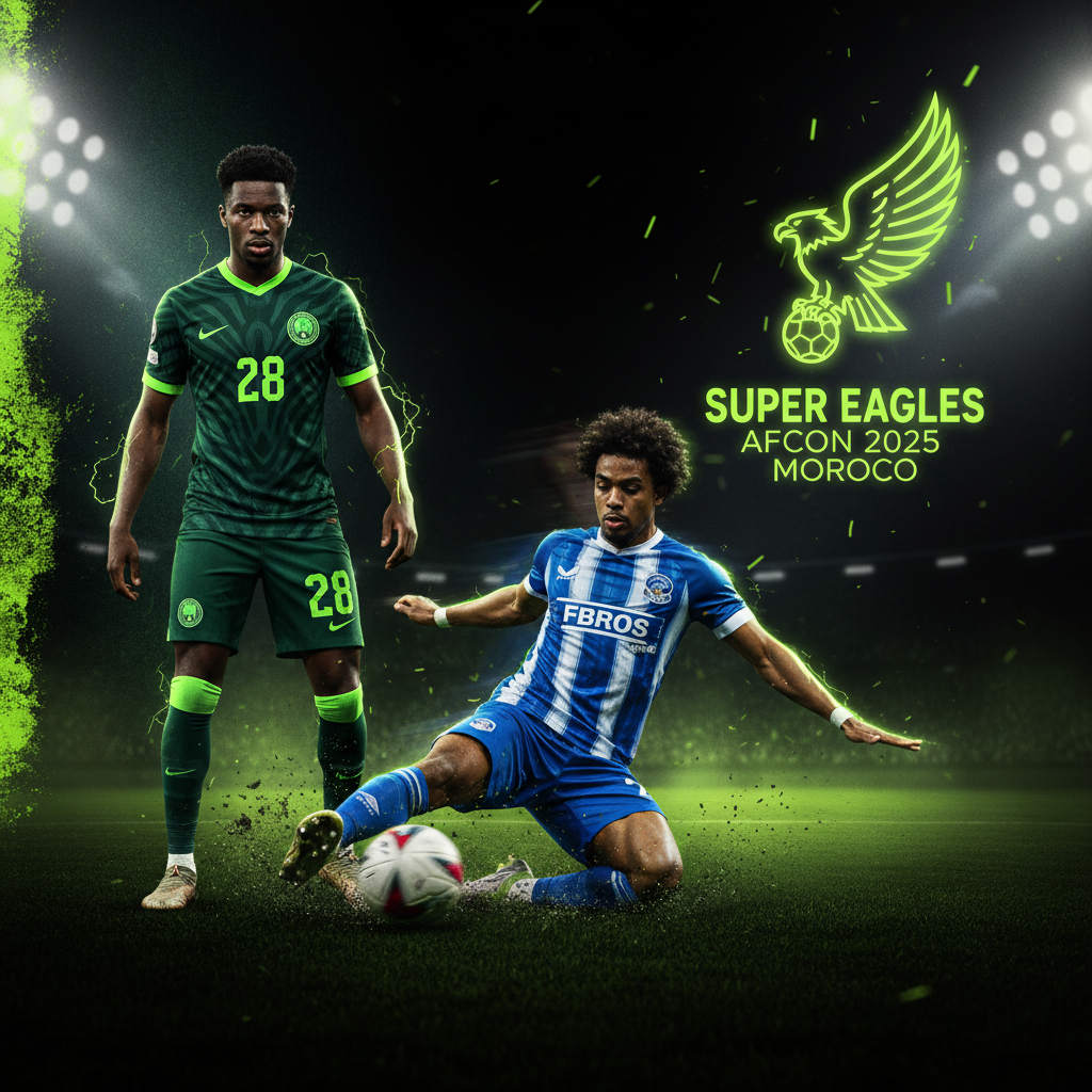 Nigerian Super Eagles emblem with vibrant light trails for AFCON 2025.