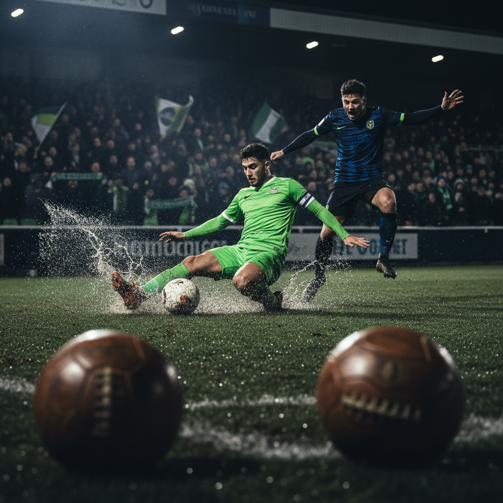 Passionate London non-league football fans celebrating in stands, wearing dark coats and vibrant lime green and black scarves, captured with shallow depth of field.