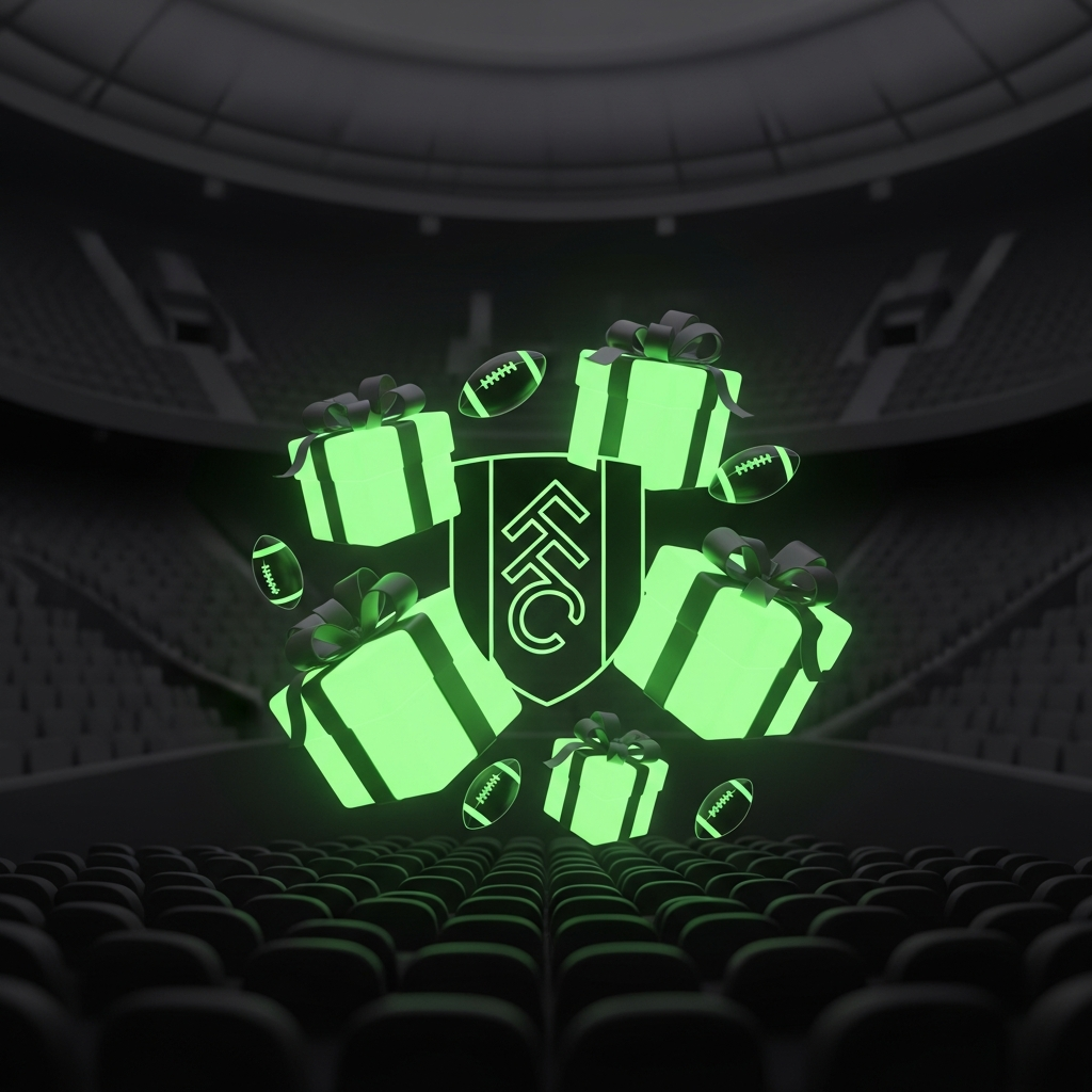 Stylized view of Craven Cottage at night with lime green floodlights and snowflakes