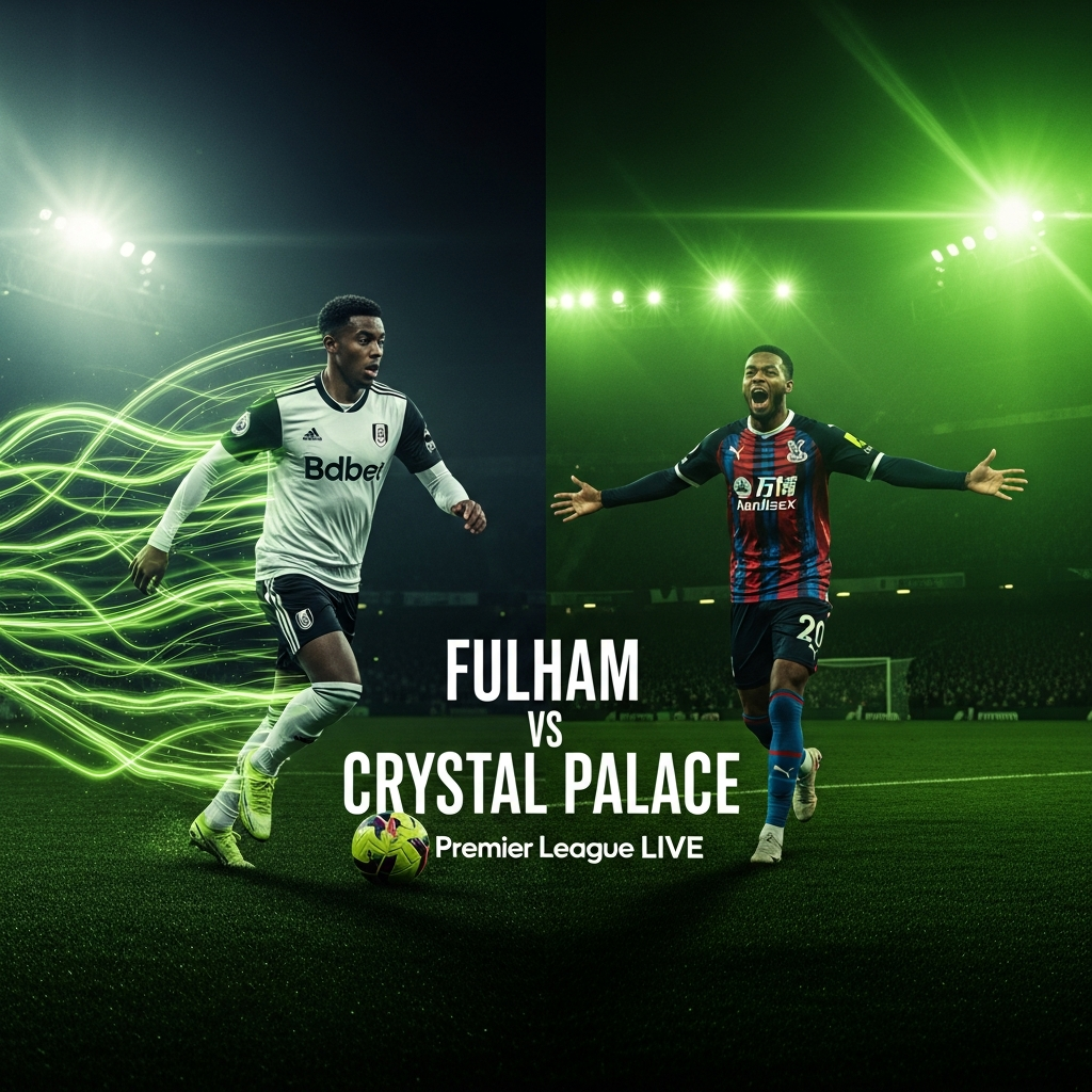 A high-contrast, 16:9 thumbnail with a lime green and dark tone color scheme. On the left, a Fulham player in the classic white home kit is captured mid-stride on a dark, moody pitch at Craven Cottage, with dynamic lime green light trails streaking behind him. On the right, a Crystal Palace player in their away kit is shown celebrating a goal, arms outstretched, against a similar dark background with lime green stadium light flares. Overlaid in the center is the text "Fulham vs Crystal Palace" in a bold, modern, lime green font. Below it, a smaller white font reads "Premier League LIVE". The overall aesthetic is cinematic and energetic, perfectly capturing the anticipation of a London derby.