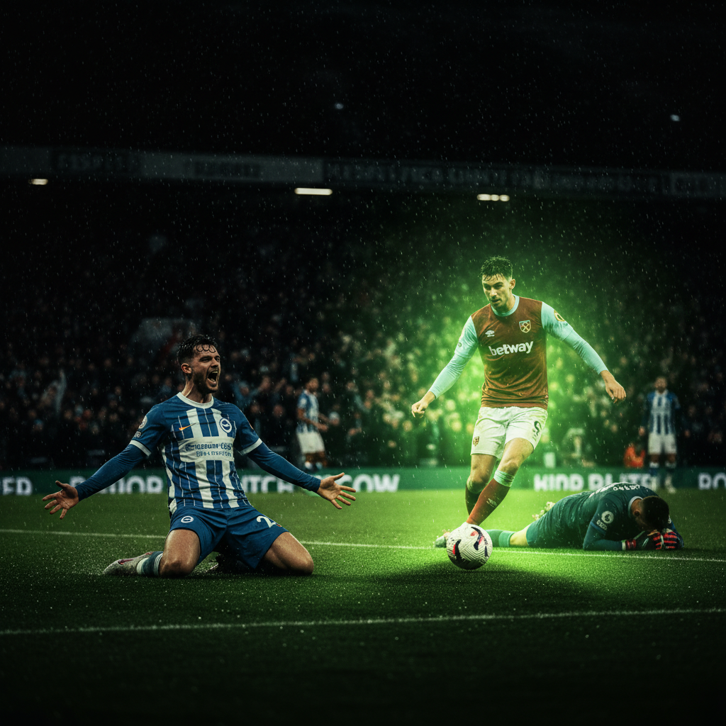 West Ham's Jarrod Bowen scoring a goal, highlighted in a dramatic lime green light against a dark background.