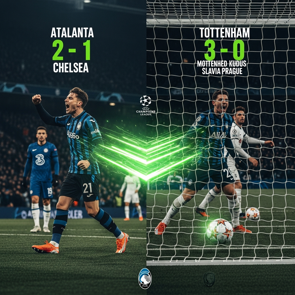 16:9 thumbnail for a football blog post. A dramatic, dark-toned split-screen design with vibrant lime green accents. On the left side, Atalanta's Charles De Ketelaere celebrates a goal against a dejected Chelsea player. The score 'Atalanta 2-1 Chelsea' is displayed in bold lime green font. On the right side, Tottenham's Mohammed Kudus strikes a penalty into the net against Slavia Prague. The score 'Tottenham 3-0 Slavia Prague' is shown in the same lime green font. The Champions League logo is subtly placed in the center, glowing faintly.