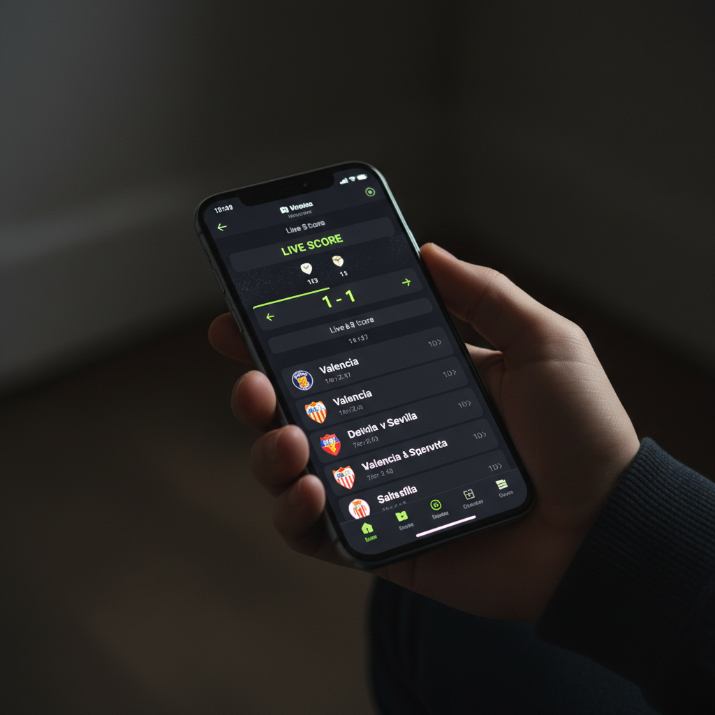 A smartphone displaying live scores for the Valencia vs Sevilla game, featuring a dark interface with lime green highlights.