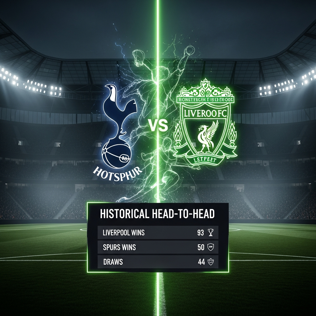 A 16:9 cinematic thumbnail for a football blog post, dark and moody tone. A split screen design featuring the Tottenham Hotspur crest on the left and the Liverpool FC crest on the right, both glowing with an intense lime green neon effect. In the background, a blurred, dark image of the Tottenham Hotspur Stadium at night. Subtle, abstract silhouettes of footballers in action are visible between the two crests, creating a sense of impending clash. The text Spurs vs Liverpool is in a bold, modern, lime green font at the bottom.