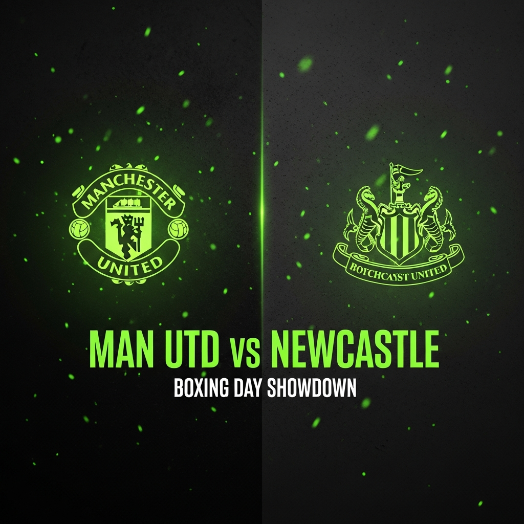 A 16:9 cinematic thumbnail with a dark, moody tone. The image is split down the middle. On the left, the Manchester United crest glows with a subtle lime green aura against a textured dark grey background. On the right, the Newcastle United crest mirrors it with the same lime green glow. In the center, where the two sides meet, the text "MAN UTD vs NEWCASTLE" is written in a bold, sharp, lime green font. Below it, in a smaller white font, reads "Boxing Day Showdown". Faint, abstract particles of lime green light drift across the entire image, adding a sense of energy and anticipation.