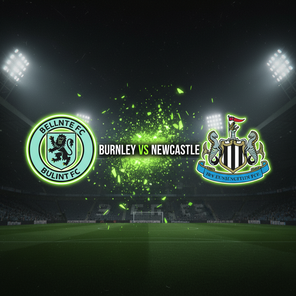 Turf Moor stadium at night, lit by floodlights with a lime green and dark tone.