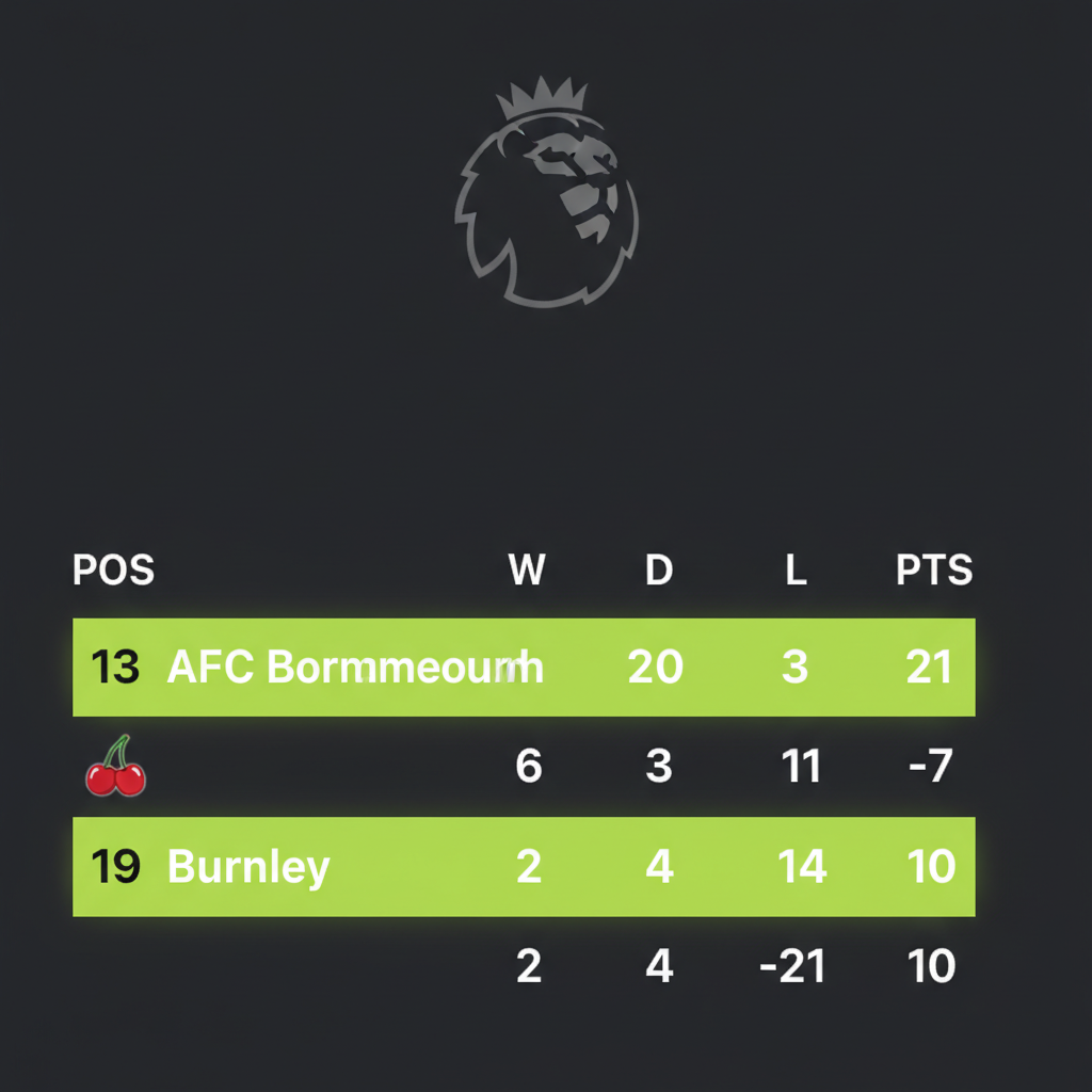 Premier League table graphic showing AFC Bournemouth and Burnley's positions with a lime green and dark theme.