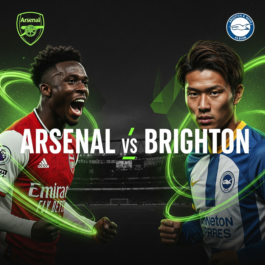 A dark and moody sports graphic of Arsenal vs Brighton match preview featuring Bukayo Saka and Kaoru Mitoma with lime green accents.