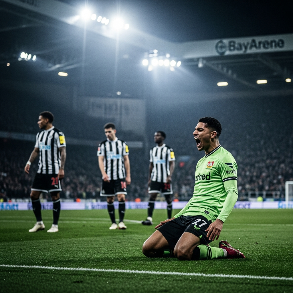Alejandro Grimaldo celebrates scoring for Bayer Leverkusen on a wet, dark pitch.