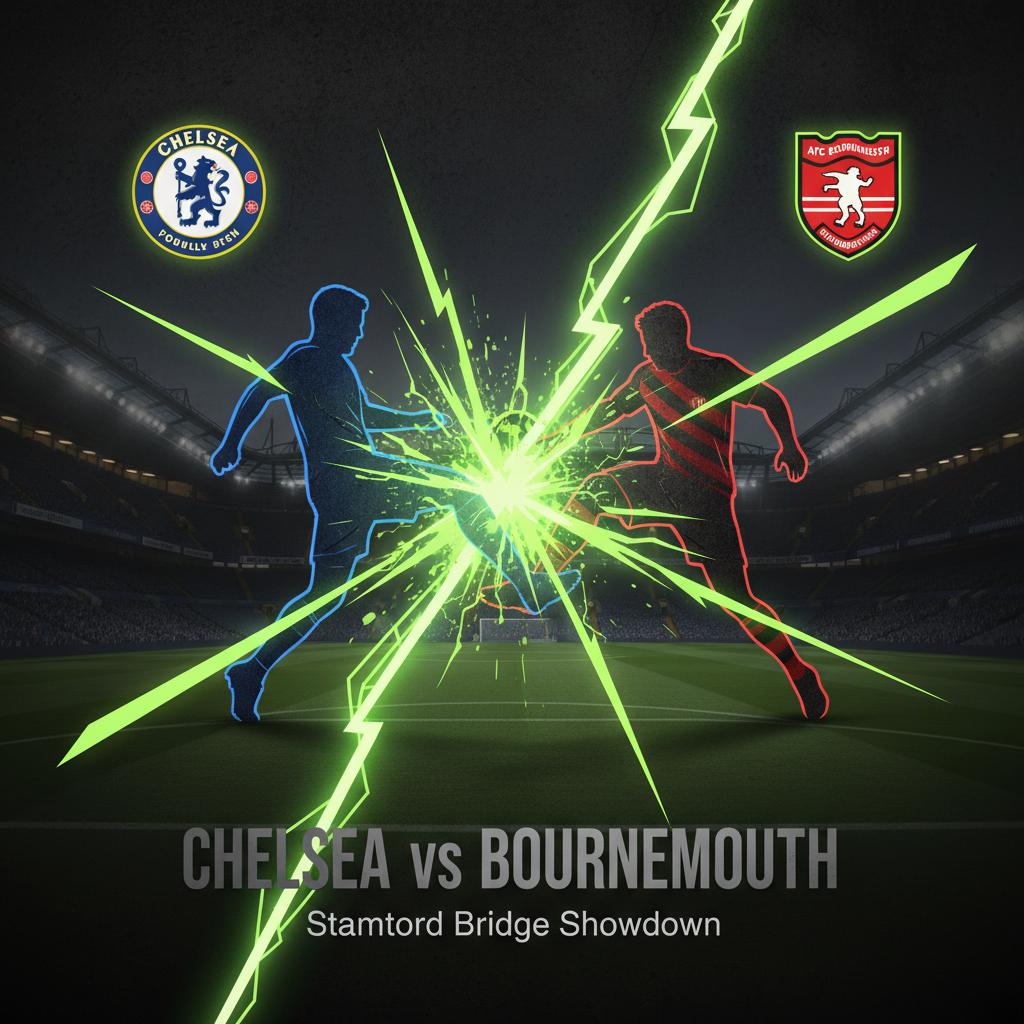 The pitch at Stamford Bridge at night with a dark tone and stylized lime green light effects representing player action.