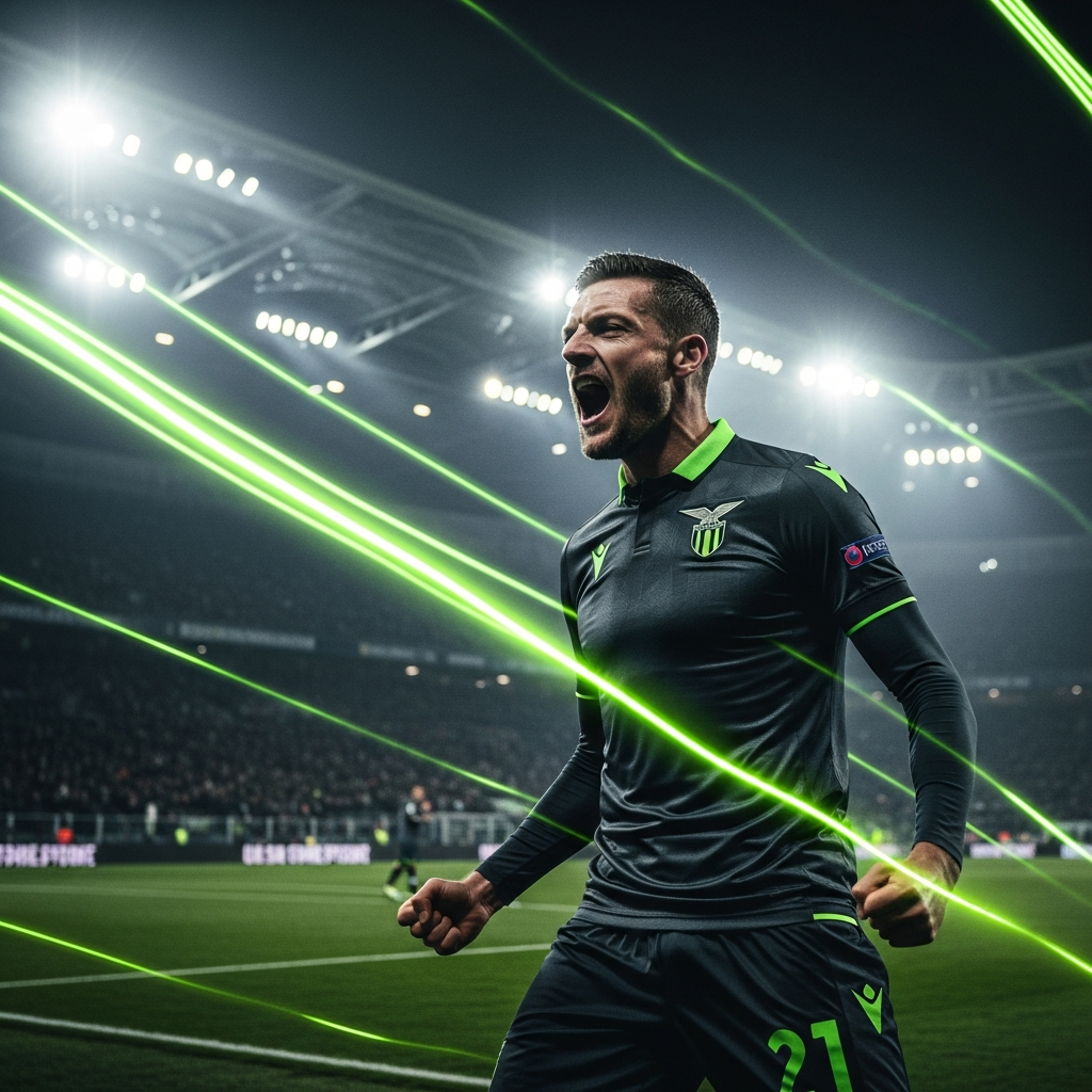 A dynamic, cinematic 16:9 thumbnail image featuring Jamie Vardy in a dark U.S. Cremonese kit with vibrant lime green trim. He is captured mid-celebration, shouting with passion after scoring. The background is a dark, atmospheric, and slightly blurred stadium under dramatic spotlights. Streaks of lime green light flare across the frame, adding energy and motion. The overall color scheme is a high-contrast mix of charcoal gray, deep black, and electric lime green, creating a moody yet exciting feel.