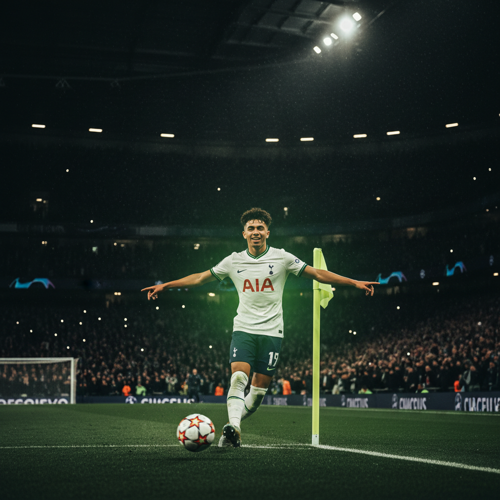 Xavi Simons scores a penalty for Tottenham Hotspur in the Champions League, with a lime green and dark color theme, high-contrast, modern feel.