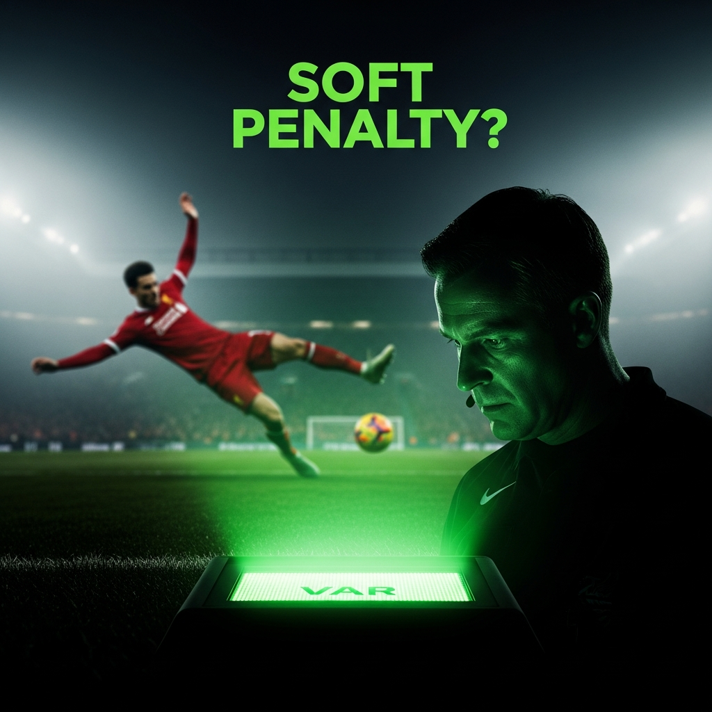 A dramatic 16:9 thumbnail image with a dark, moody tone. A focused, silhouetted referee is in the foreground, looking at a glowing VAR screen that casts a vibrant lime green light on his face. In the background, blurred but recognizable, is a Liverpool player in a red kit falling inside the penalty box. The words 'SOFT PENALTY?' are overlaid in a bold, modern lime green font.