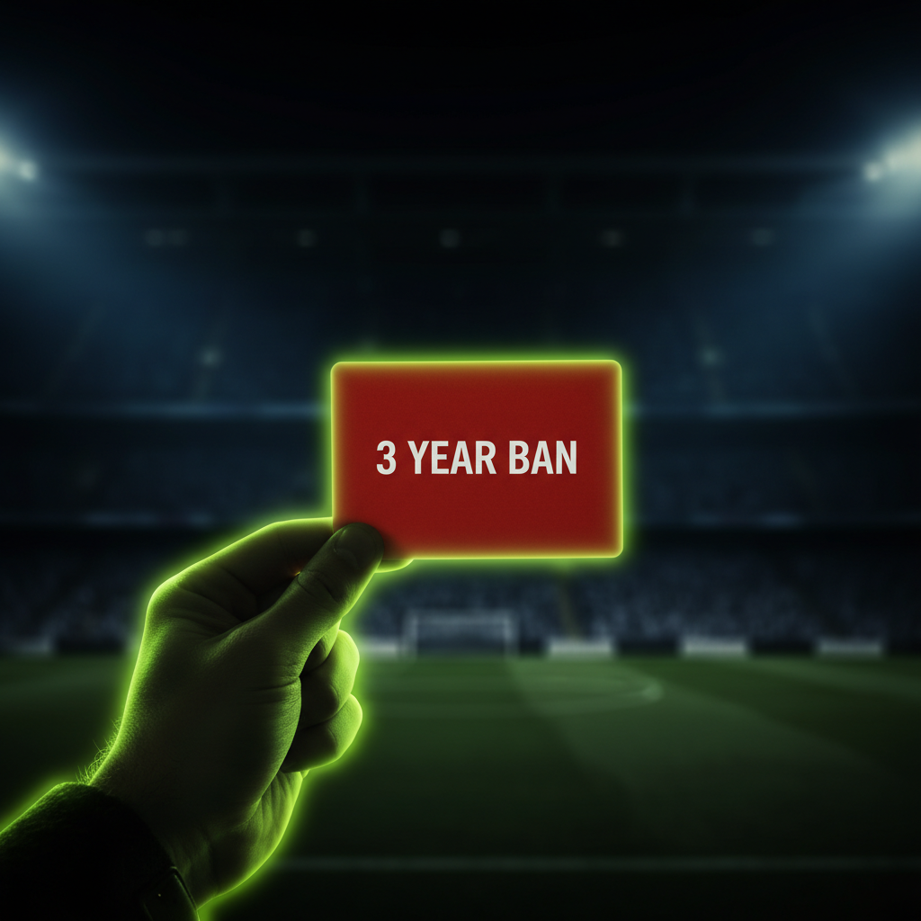 A red card with "3 YEAR BAN" printed, held against a dark stadium background with lime green edge lighting, symbolizing the ban for Dejphon Chansiri.