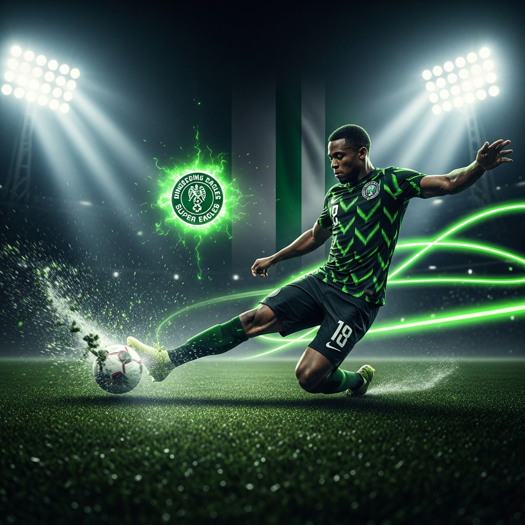 A 16:9 cinematic shot of a determined male football player, representing Nigeria, standing on a pitch at night under stadium lights. He wears a dark, modern football kit with vibrant lime green accents and numbering. The Nigerian flag is subtly and artistically integrated into the dark, moody background. The overall tone is dark, with dramatic lime green lighting highlighting the player`s focused expression and the texture of the football at his feet. The composition emphasizes intensity, readiness, and national pride.
