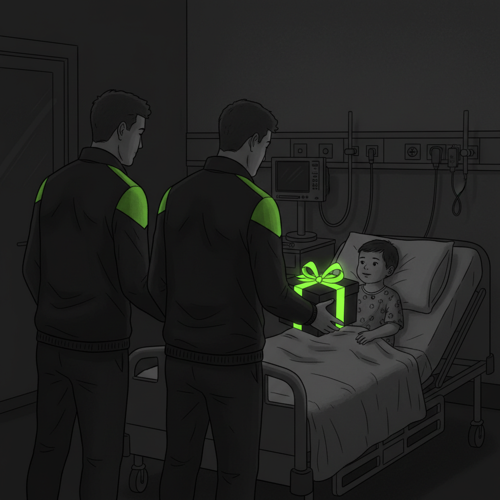 Fulham FC players in a dark and lime green stylized image, sharing a Christmas gift with a young patient.