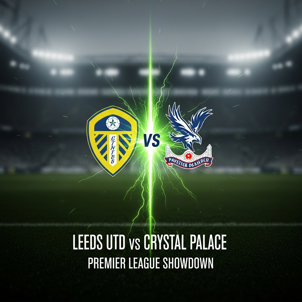 A 16:9 cinematic, dark-themed thumbnail for a football match preview. The background is a moody, out-of-focus shot of a stadium at night. In the center, the Leeds United crest and the Crystal Palace crest are clashing, emitting a vibrant lime green energy pulse at the point of impact. The text "LEEDS UTD vs CRYSTAL PALACE" is written in a bold, modern font below the crests, with "PREMIER LEAGUE SHOWDOWN" in a smaller font underneath. The overall color scheme is dark grey and black, powerfully contrasted by the electrifying lime green highlights.