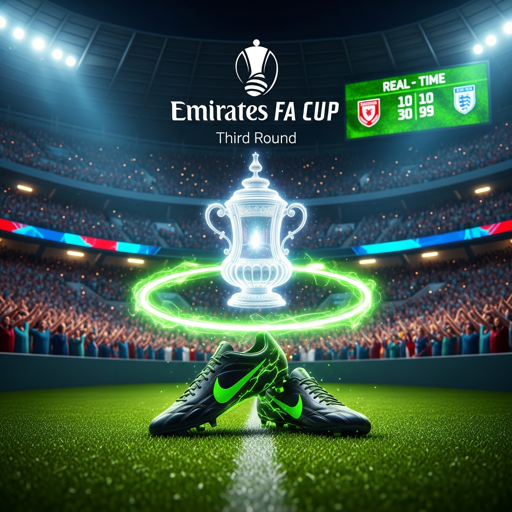 A 16:9 cinematic shot of the iconic FA Cup trophy sitting on a pedestal in the center of a dark, atmospheric football stadium. Abstract, glowing particle effects in a vibrant lime green color swirl energetically around the trophy. The text "FA CUP THIRD ROUND DRAW" is overlaid in a bold, modern, white font.